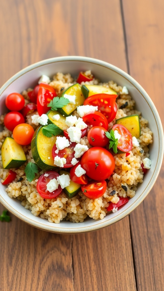 A colorful Mediterranean quinoa bowl with roasted vegetables and feta cheese on a wooden table.